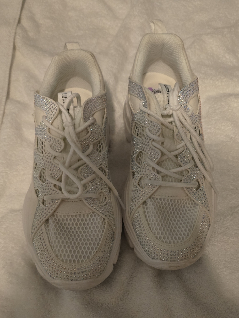 Women's Lucky Step White Rhinestone Mesh Lace-Up Sneakers Size 10